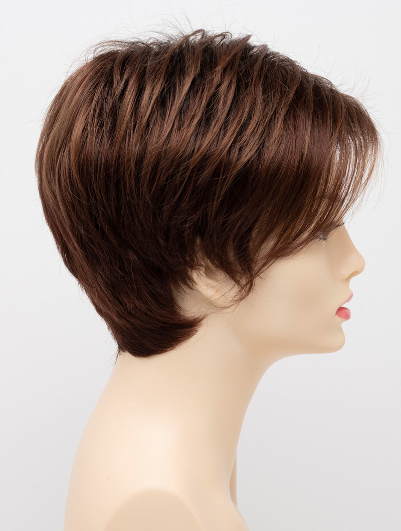 profile side of a short Kinner Beauty Wigs wig on woman head 