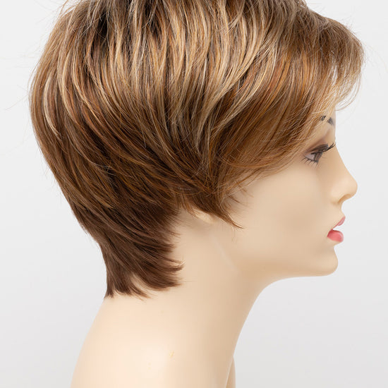 profile side of a short Kinner Beauty Wigs wig on woman head 