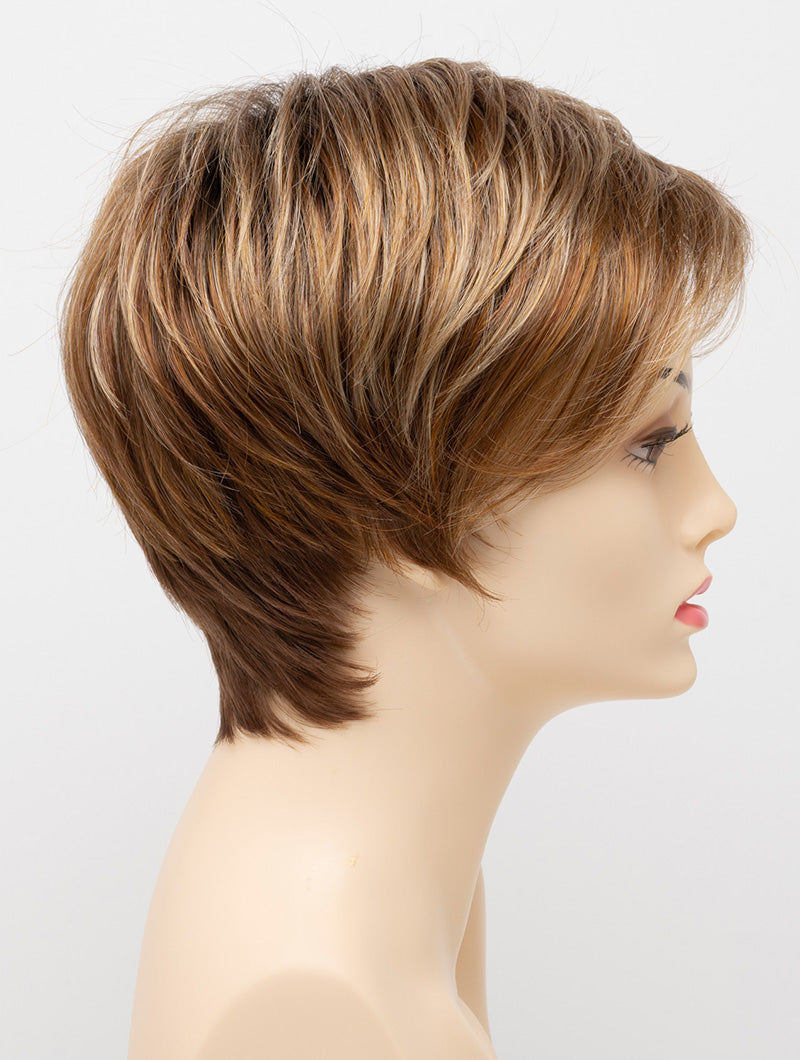 profile side of a short Kinner Beauty Wigs wig on woman head 