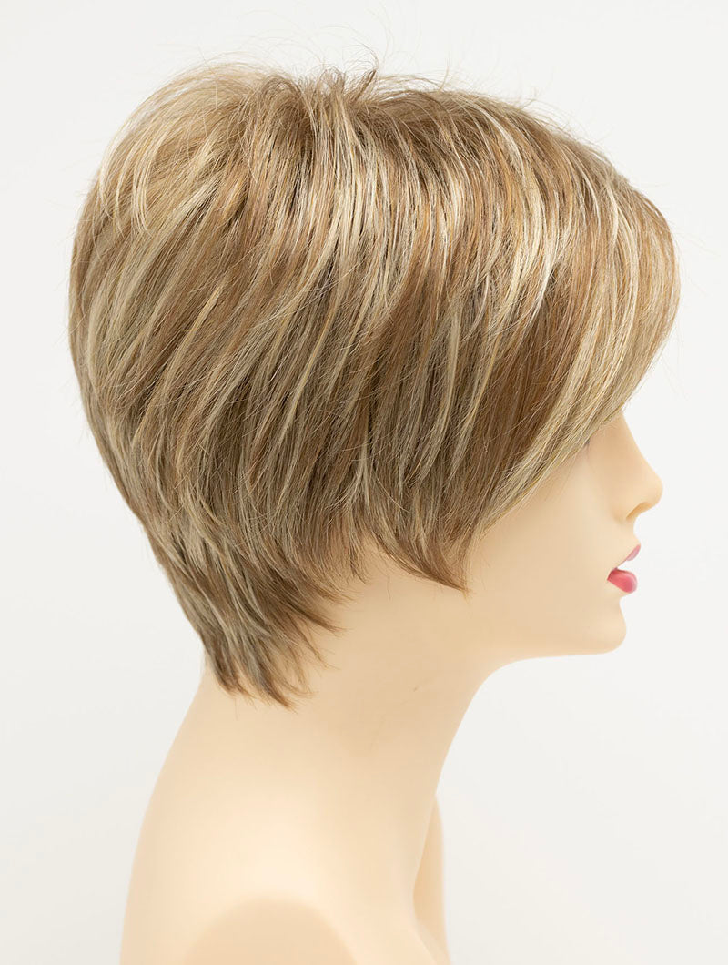 profile side of a short Kinner Beauty Wigs wig on woman head 