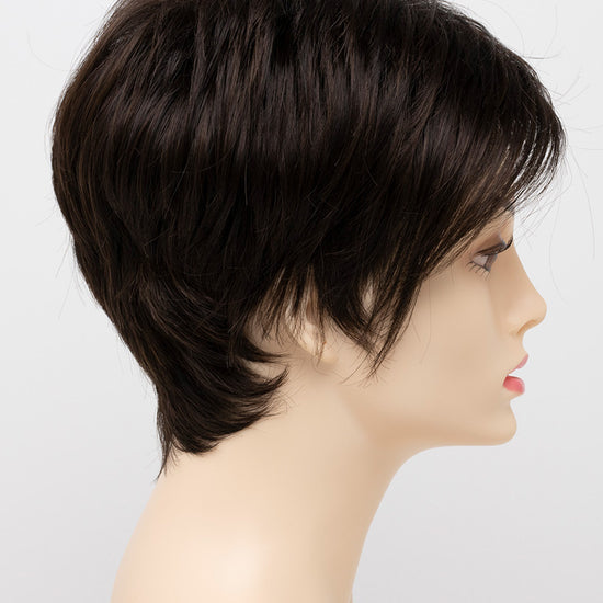 profile side of a short Kinner Beauty Wigs wig on woman head 