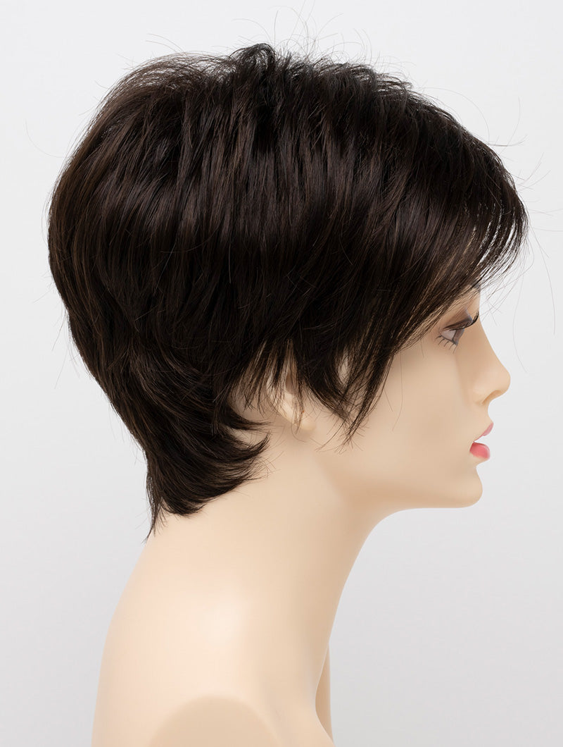 profile side of a short Kinner Beauty Wigs wig on woman head 