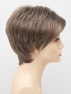 profile side of a short Kinner Beauty Wigs wig on woman head 