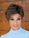 front side of a short Kinner Beauty Wigs wig on woman head 