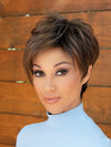 front side of a short Kinner Beauty Wigs wig on woman head 