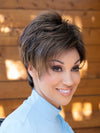 profile side of a short Kinner Beauty Wigs wig on woman head 