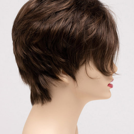 profile side of a short Kinner Beauty Wigs wig on woman head 