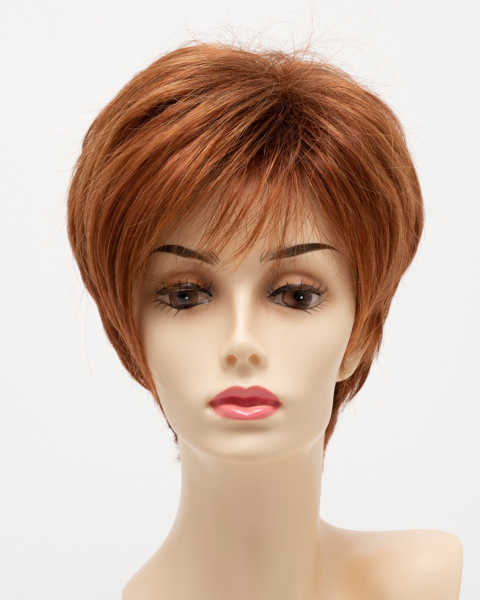 front side of a short Kinner Beauty Wigs wig for woman on mannequin head 