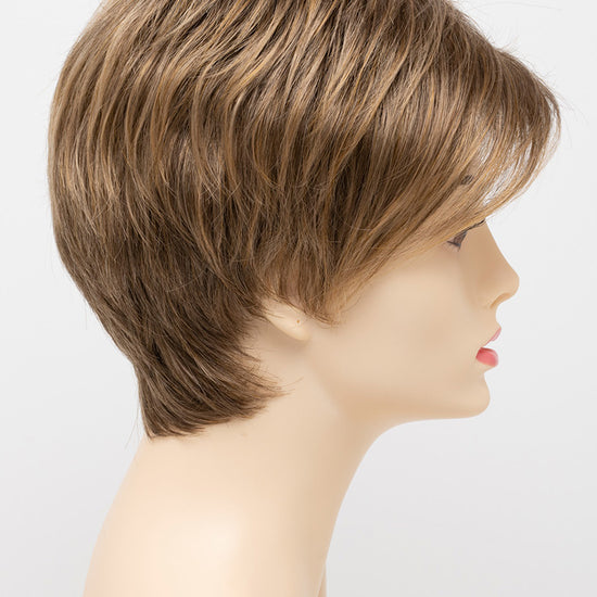 profile side of a short Kinner Beauty Wigs wig on woman head 