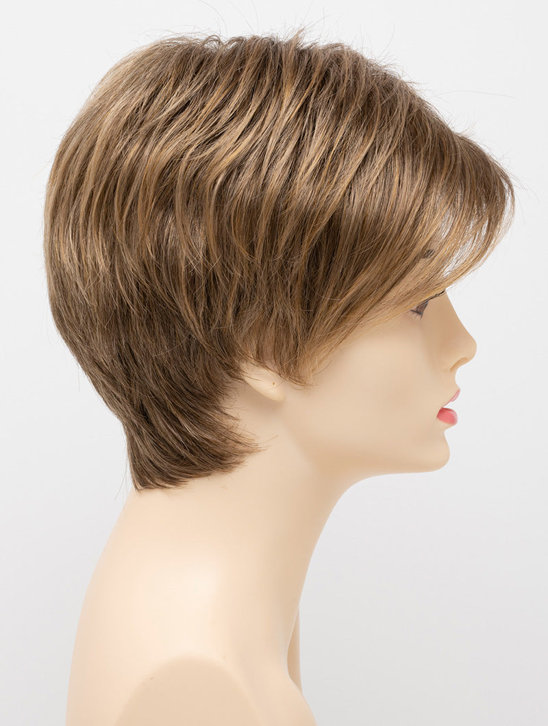 profile side of a short Kinner Beauty Wigs wig on woman head 