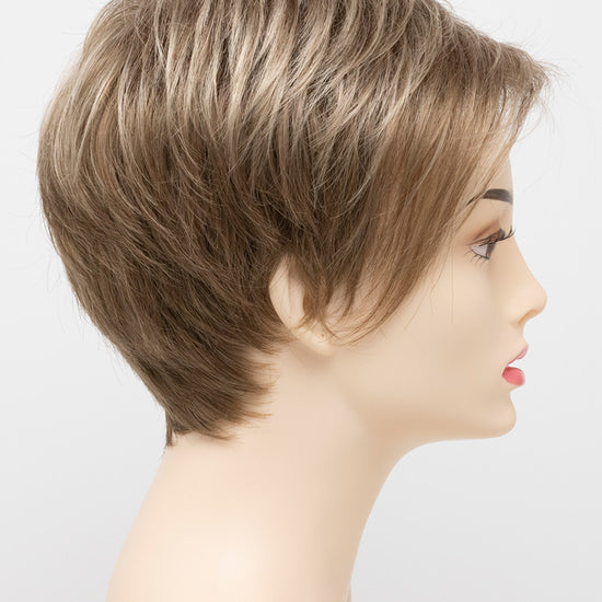 profile side of a short Kinner Beauty Wigs wig on woman head 