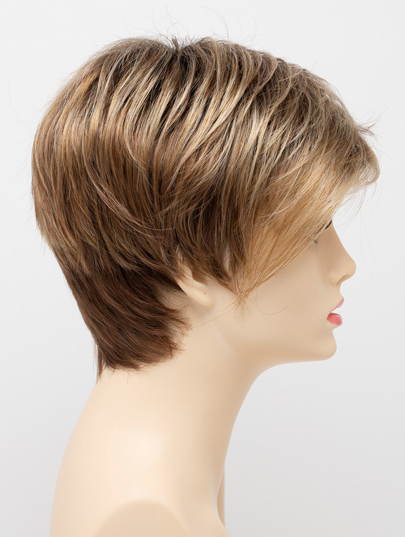 profile side of a short Kinner Beauty Wigs wig on woman head 