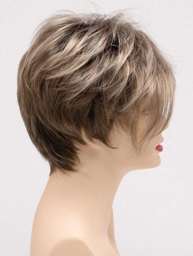 profile side of a short Kinner Beauty Wigs wig on woman head 