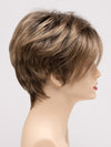 profile side of a short Kinner Beauty Wigs wig on woman head 