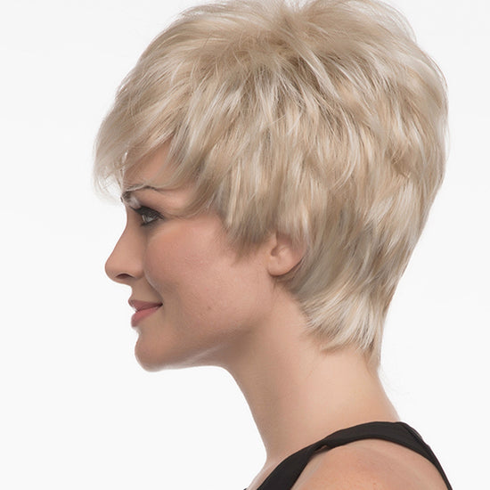 profile side of a short Kinner Beauty Wigs wig on woman head 