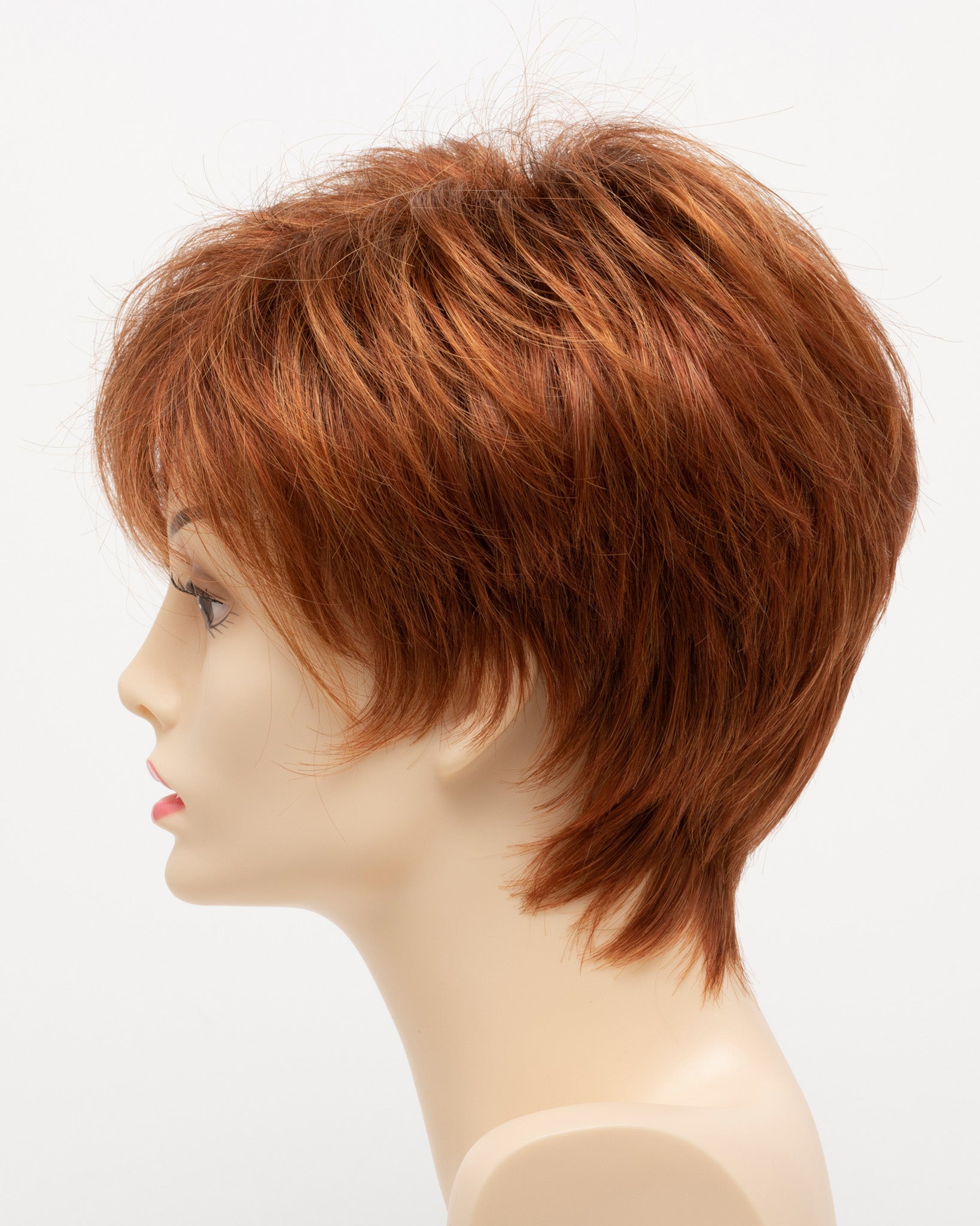 profile side of a short Kinner Beauty Wigs wig on woman head 