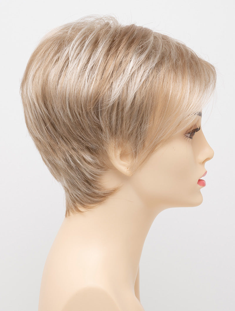 profile side of a short Kinner Beauty Wigs wig on woman head 