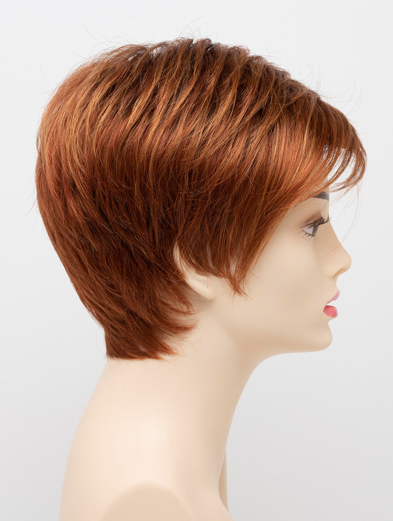 profile side of a short Kinner Beauty Wigs wig on woman head 