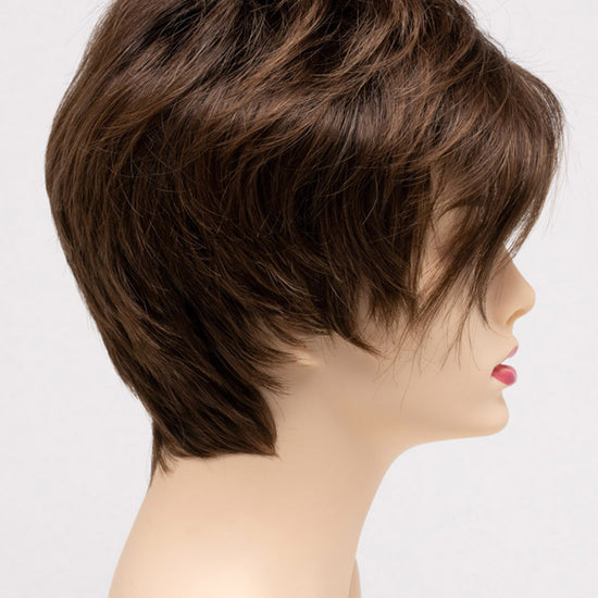 profile side of a short Kinner Beauty Wigs wig on woman head 