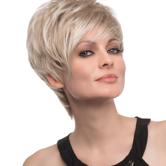 front side of a short Kinner Beauty Wigs wig on woman head 