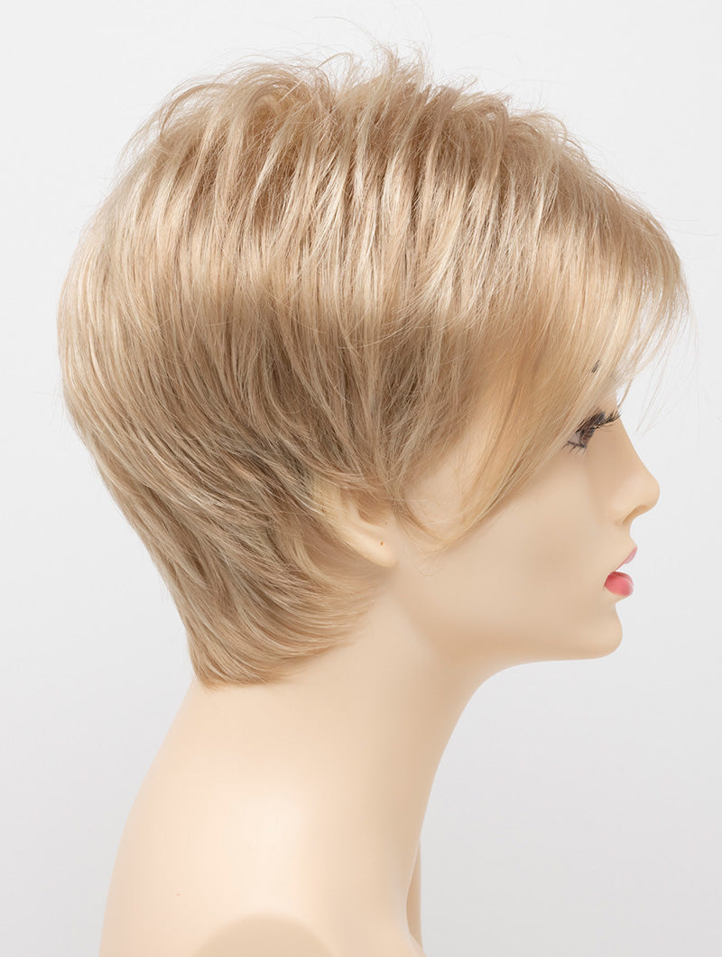 profile side of a short Kinner Beauty Wigs wig on woman head 