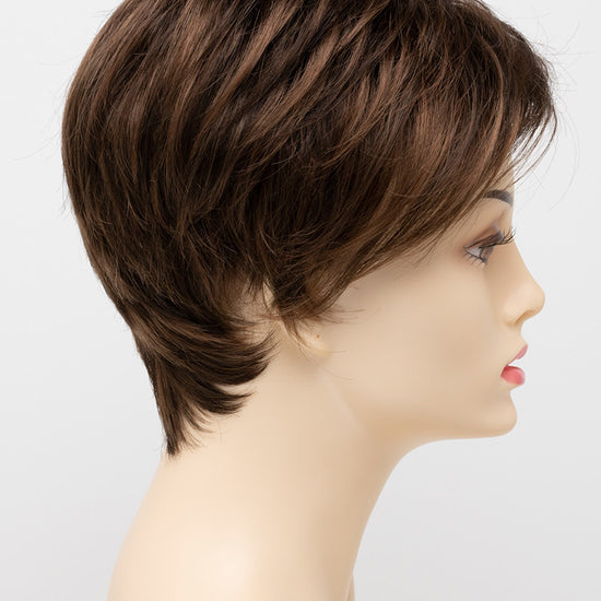 profile side of a short Kinner Beauty Wigs wig on woman head 