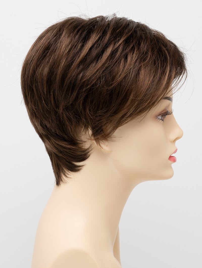 profile side of a short Kinner Beauty Wigs wig on woman head 