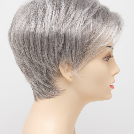 profile side of a short Kinner Beauty Wigs wig on woman head 