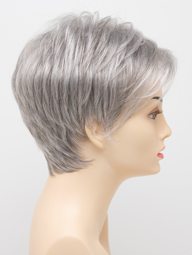 profile side of a short Kinner Beauty Wigs wig on woman head 