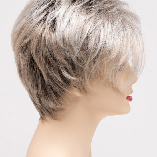 profile side of a short Kinner Beauty Wigs wig on woman head 