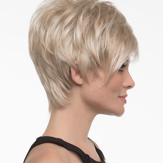 profile side of a short Kinner Beauty Wigs wig on woman head 