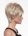 profile side of a short Kinner Beauty Wigs wig on woman head 