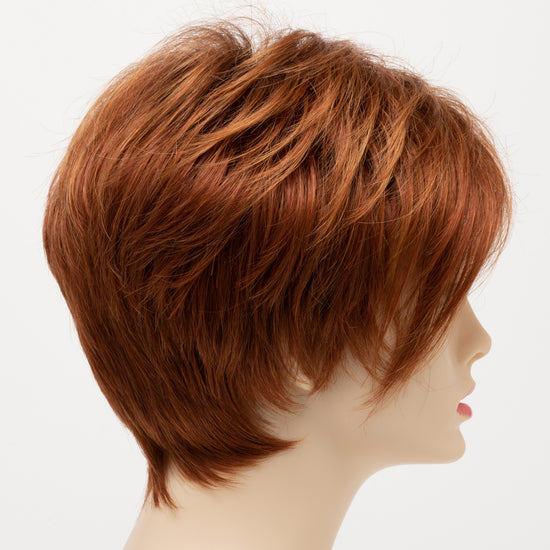 profile side of a short Kinner Beauty Wigs wig on woman head 