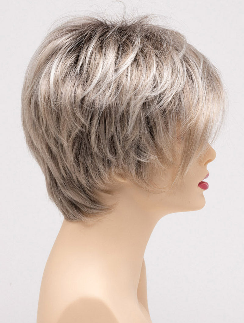 profile side of a short Kinner Beauty Wigs wig on woman head 