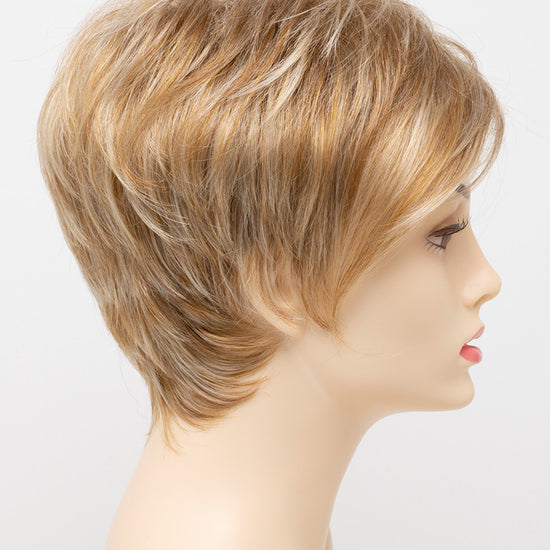 profile side of a short Kinner Beauty Wigs wig on woman head 