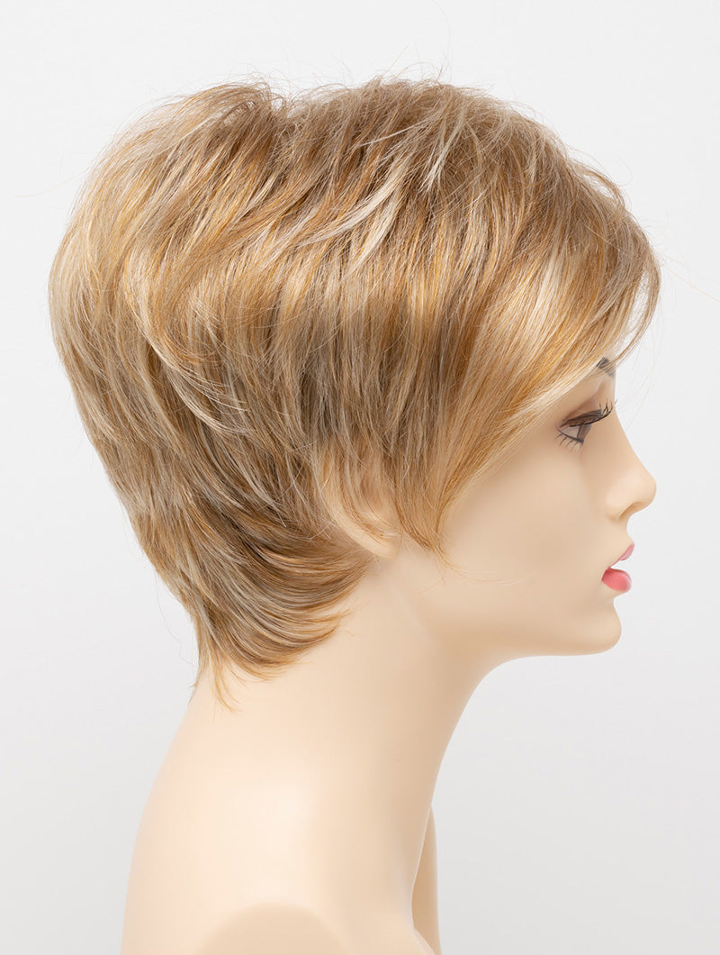 profile side of a short Kinner Beauty Wigs wig on woman head 