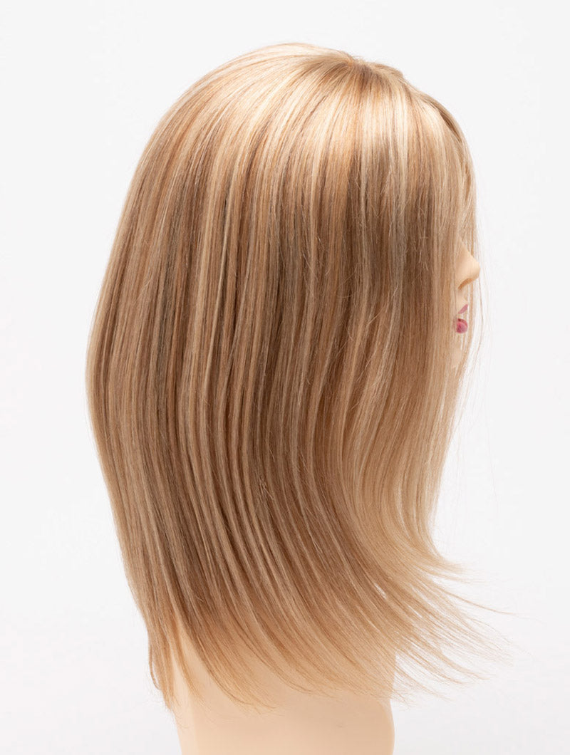 profile side of a long Kinner Beauty Wigs wig for woman on mannequin head 