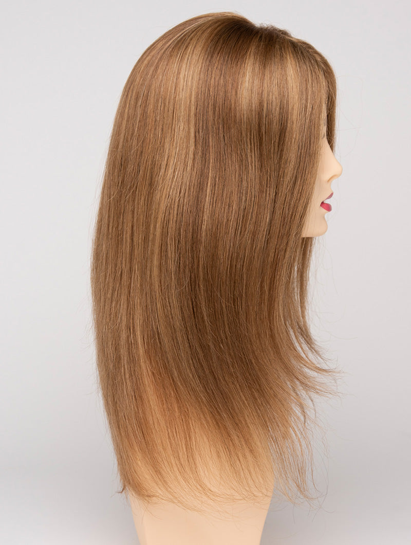 profile side of a long Kinner Beauty Wigs wig for woman on mannequin head 