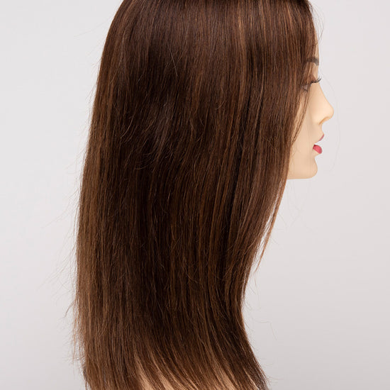 profile side of a long Kinner Beauty Wigs wig for woman on mannequin head 